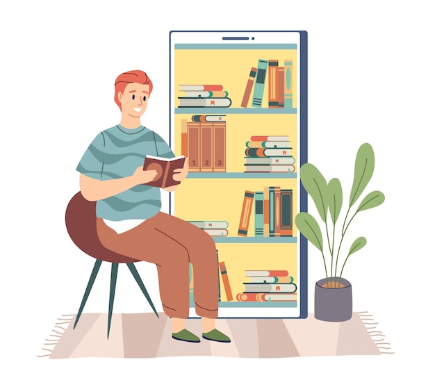 Electronic library Young man sitting and reading digital book bookshelf in smartphone phone screen online education student distance studying Vector cartoon isolated elearning concept
