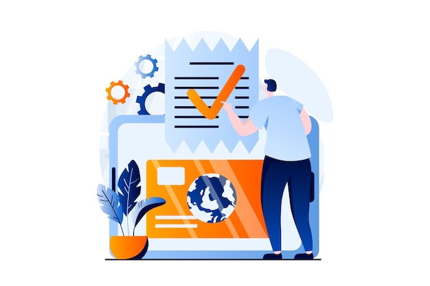 electronic receipt concept with people scene in flat cartoon design man paying with digital check for purchase from credit card banking and money transfer vector illustration visual story for web