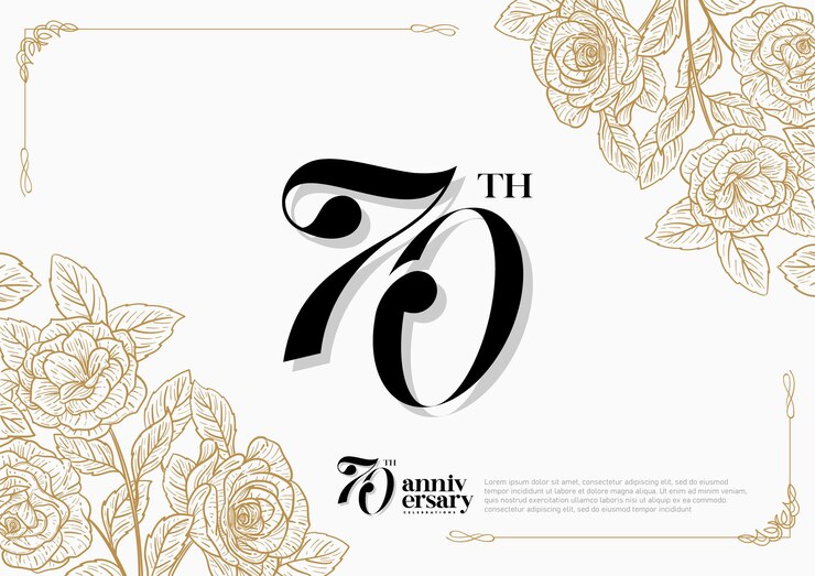 Vector elegant 70th anniversary celebration with gold and rose flower background