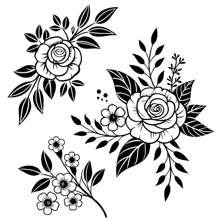 Vector elegant black and white floral tattoo designs detailed flower illustrations for art projects