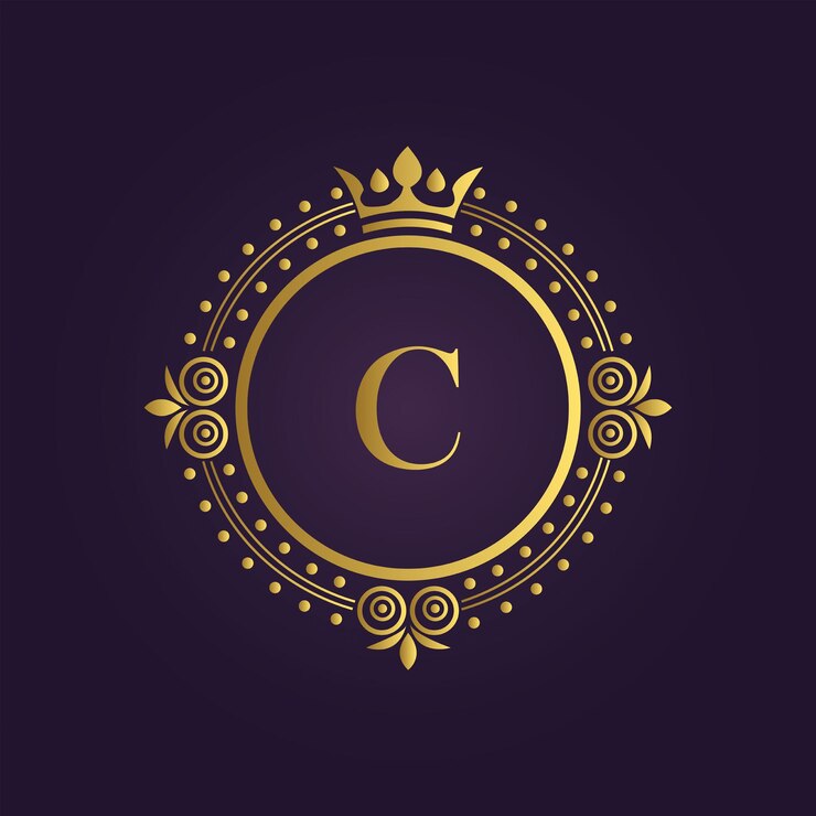 Elegant Gold Letter C with Ornate Frame and Crown on Deep Purple Background