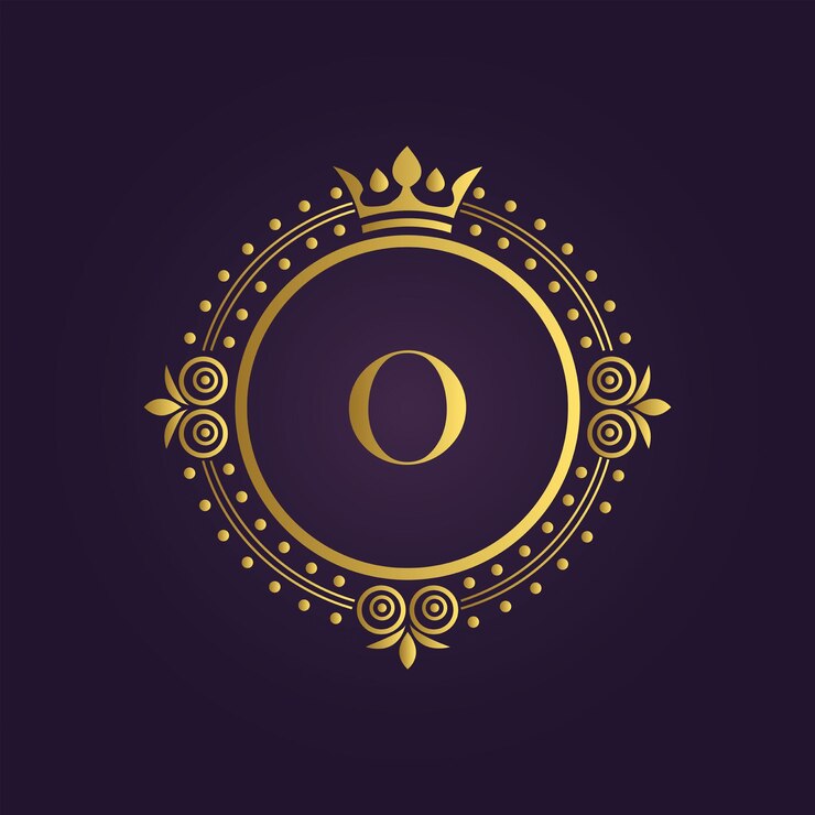 Elegant Gold Letter O with Ornate Frame and Crown on Deep Purple Background
