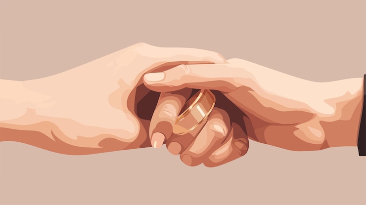 Vector elegant golden wedding ring on bride finger close up