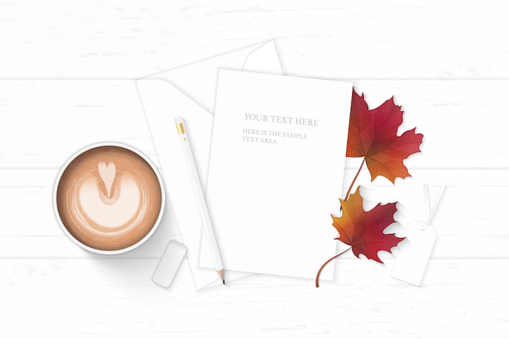 Vector elegant letter paper with maple leaf and coffee on wooden background