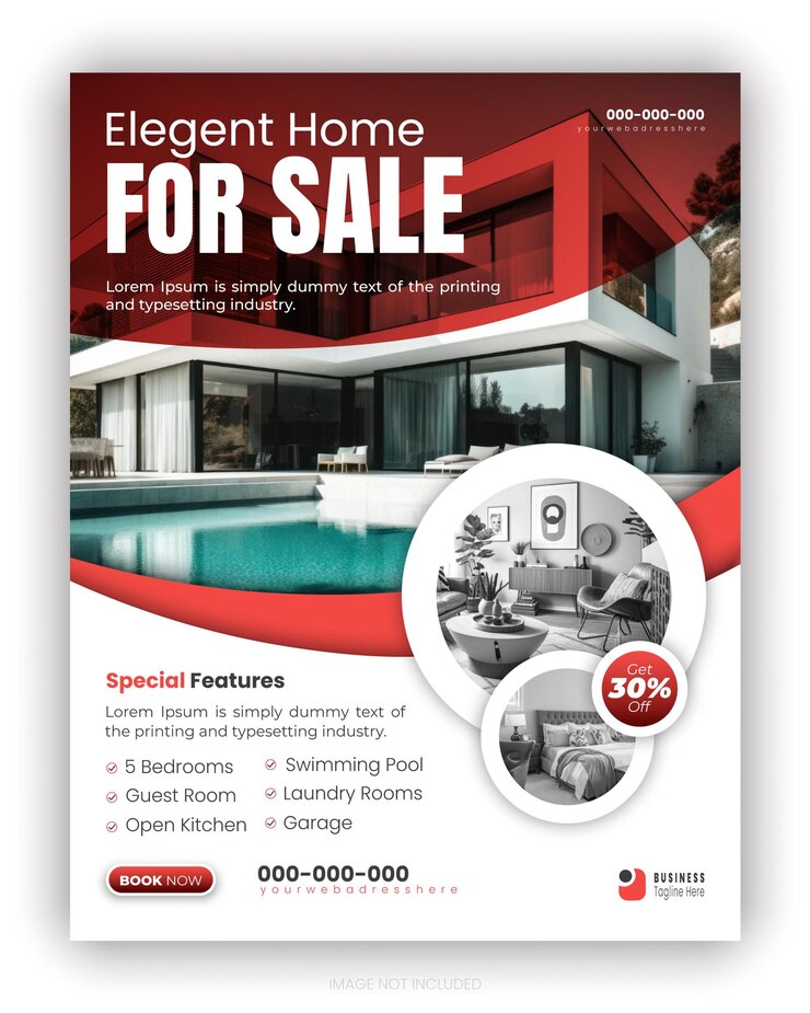 Vector elegant modern and luxury house for sale residential a4 flyer in abstract red color concept