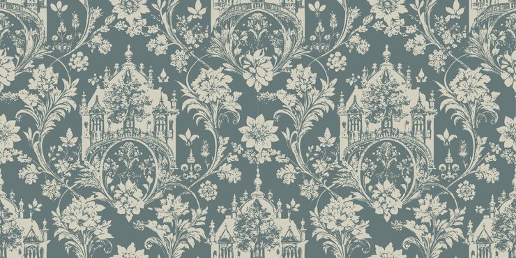 Elegant monochrome wallpaper design featuring floral and scenic motifs