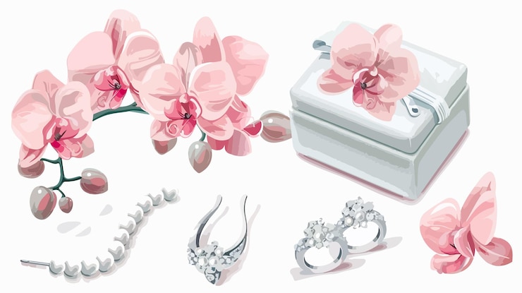 Vector elegant silver ring earrings on classic stylish female jewelry