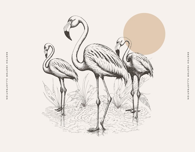 Vector elegant vintage flamingo illustration in water