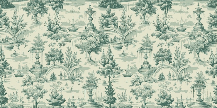 Elegant vintage wallpaper featuring lush greenery and classic architectural elements