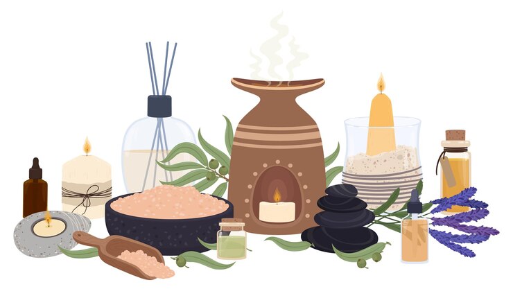 Vector elemen aromaterapi untuk relaksasi, lilin beraroma dan minyak esensial. batu spa, diffuser aromatik, ilustrasi vektor bunga lavender. garam mineral dan daun tanaman untuk terapi
