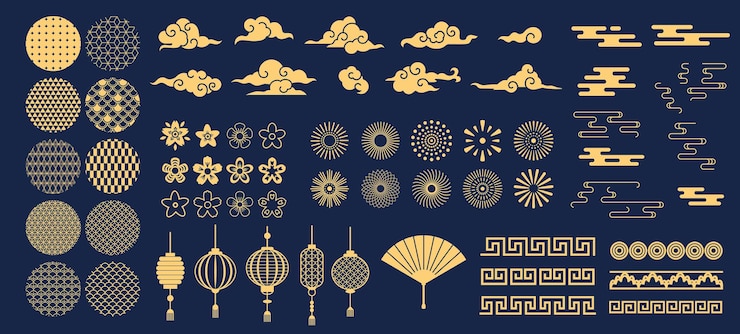 Vector elemen cina. tahun baru imlek pola dan lentera dekoratif emas, bunga, awan, dan ornamen set vektor gaya oriental tradisional. elemen oriental cina asia untuk ilustrasi liburan
