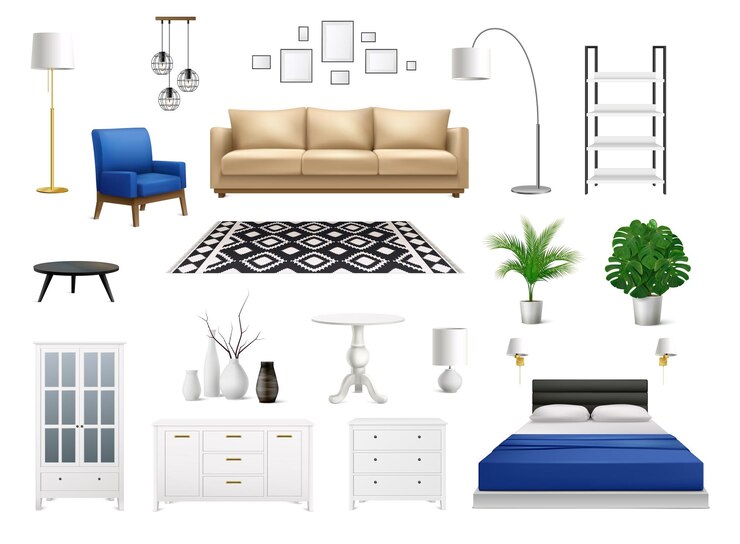 Vector elemen interior diatur dengan ikon realistis dari furnitur designer modern dengan loker, kursi, dan pot bunga yang terisolasi, ilustrasi vektor