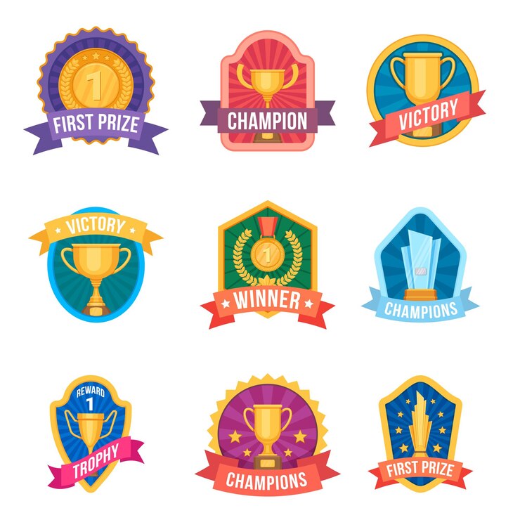 Vector emblem juara. piala trofi dan medali pada logo penghargaan dan lencana liga olahraga. kemenangan turnamen. set vektor hadiah pertama pemenang kartun. pencapaian emblem, insignia kejuaraan