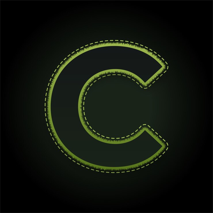 Vector embossed green neon letter c icon with editable dark background
