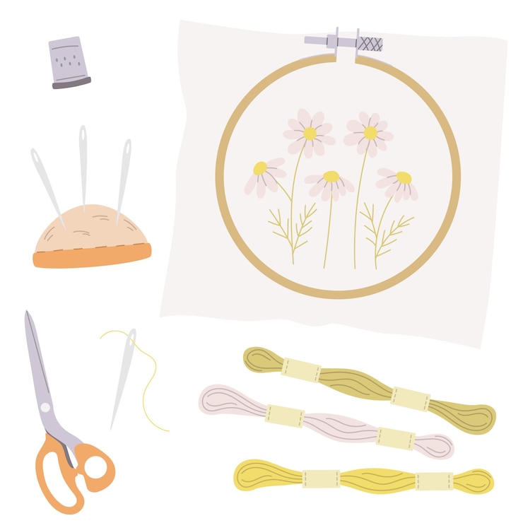 Vector embroidery hoop skeins of floss thread handmade on canvas in a ring craft art creative activity