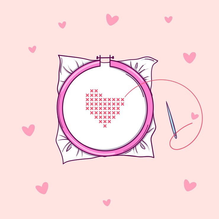 Vector embroidery hoops with red heart embroidered with a cross on pink background with hearts.
