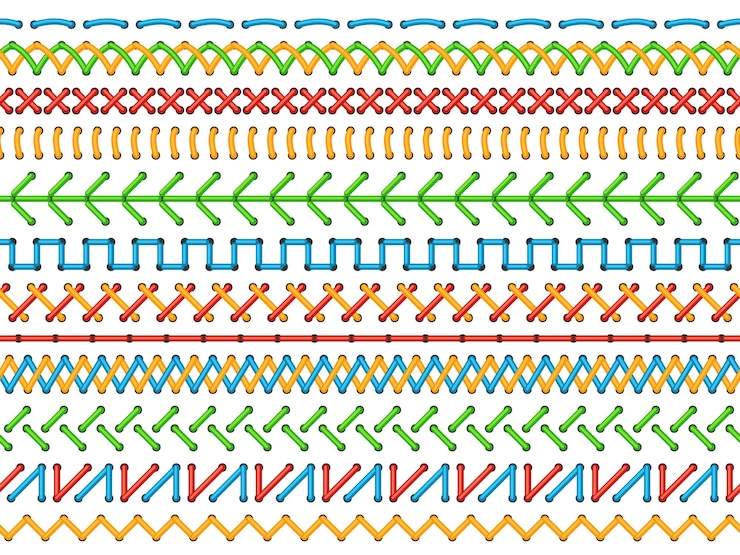 Vector embroidery stitches color decorative seams seamless borders ethnical sewing rows lines pattern needlework and ornaments textile and fabric decoration vector isolated set