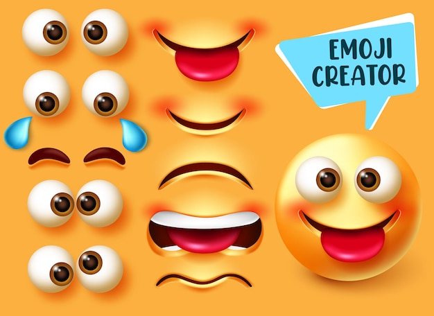 Emoji creator vector set. Emoticon 3d character kit with editable face parts like eyes.