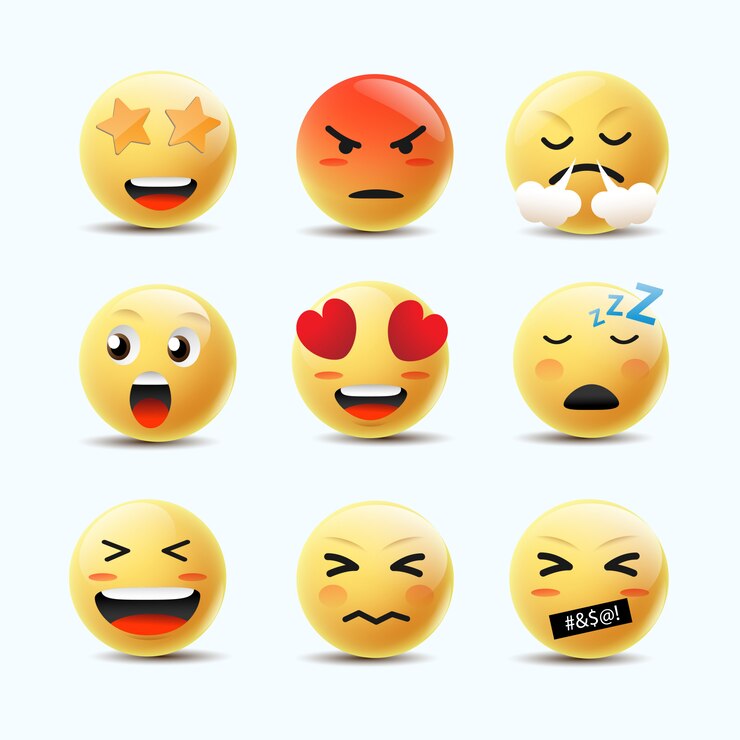 Emoji Feeling Faces Vector. Communication Chat Elements in yellow ball bubble 3D face.
