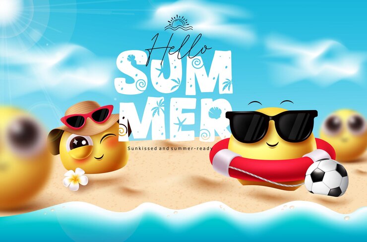 Vector emoji hello summer clipart design summer greeting text with emoji characters relax happy
