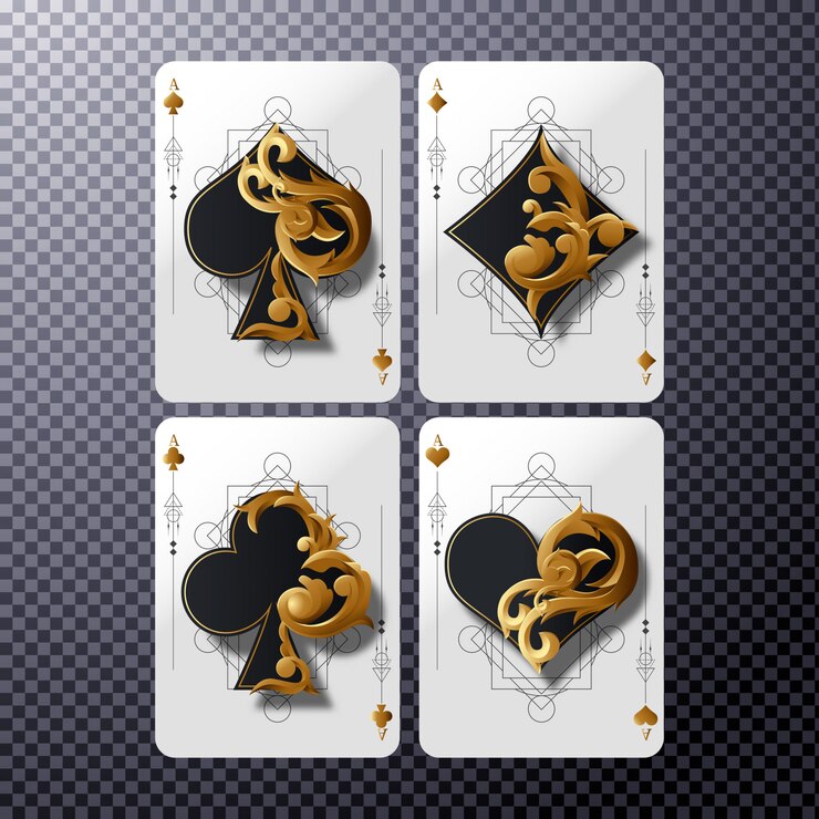 Vector empat kartu as dengan ornamen emas, ilustrasi kasino poker di latar belakang transparan