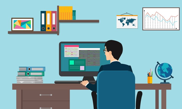 Vector employee looking data at computer