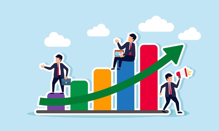 Vector employees working on promotion management and public relations on a graph with a positive trend
