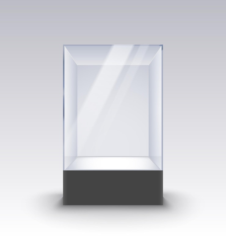 Vector empty glass showcase on pedestal. museum glass box isolated advertising or business design boutique.