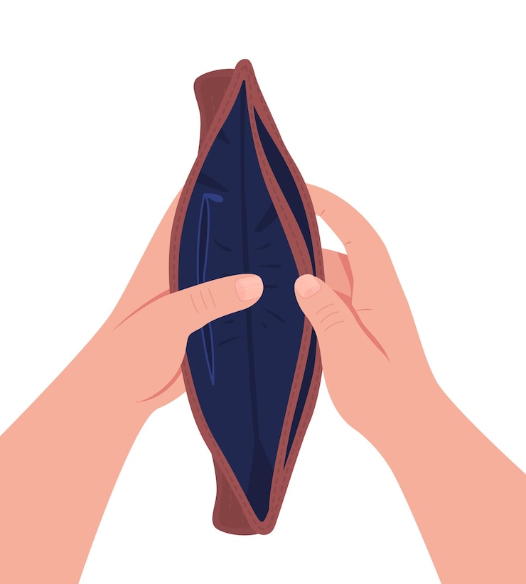 Vector empty wallet flat illustration. financial recession, jobless person.