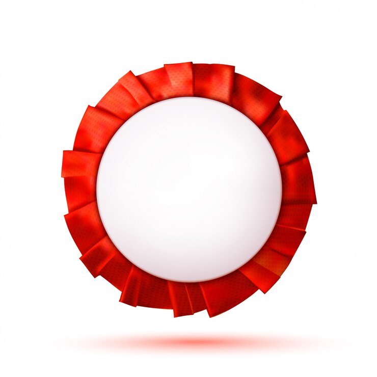Empty white plastic badge with a red ribbon. Design element. Vector illustration                       