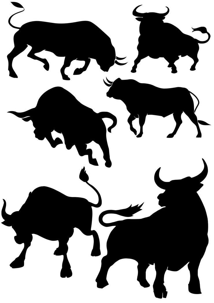 Vector enam gambar hewan banteng pose kekuatan hitam dan putih