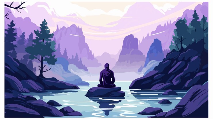 Vector enchanting mystical landscape with waterfall cartoon illustration