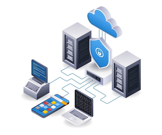 end point data security cloud server application technology concept flat isometric 3d illustration
