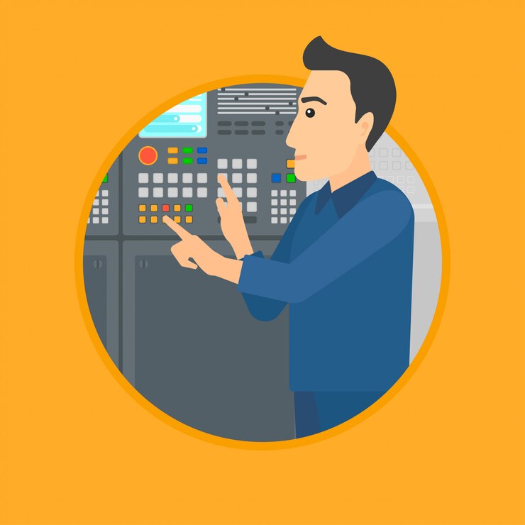 Vector engineer standing near control panel.