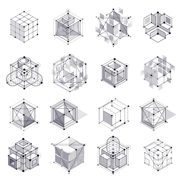 engineering technological black and white vector 3d wallpapers set made with cubes and lines illustration of engineering system abstract technological backdrop abstract technical background