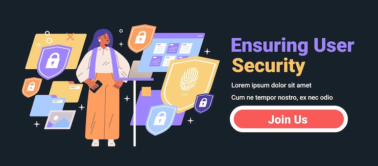 Vector ensuring user security woman holding smartphone surrounded by security icons computer screen dark