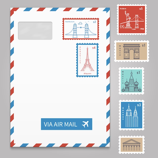 Envelope with postage stamps with line traveling city