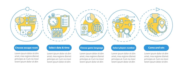 Escape room booking vector infographic template. Choose quest date, time. Presentation design elements. Data visualization with five steps. Process timeline chart. Workflow layout with linear icons
