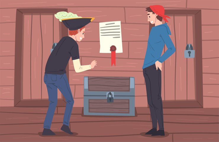 Vector escape room interior with people trying to seek pirate treasures entertainment investigation game concept vector illustration