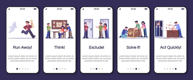 Vector escape room onboarding mobile app screen vector template