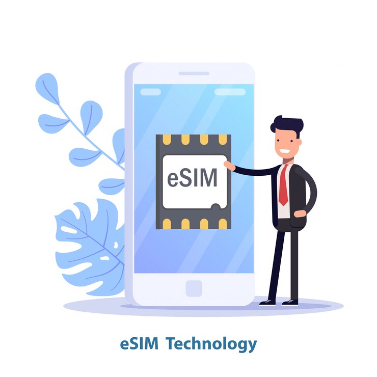 ESIM card chip sign. Embedded SIM concept. New mobile communication technology