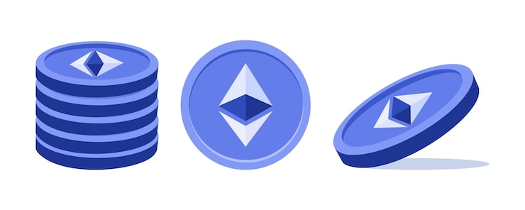Vector ethereum coins in various perspectives on white background
