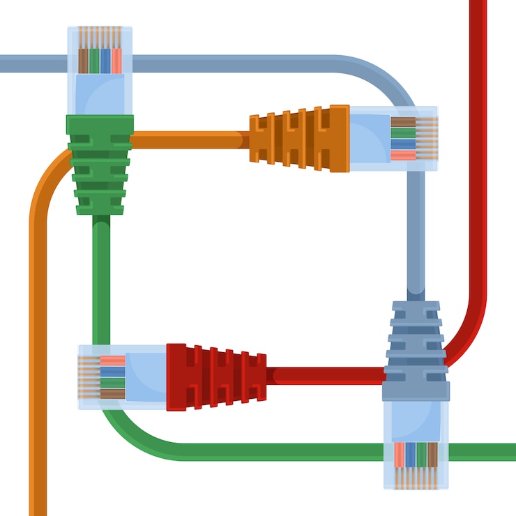 Vector ethernet cables of various colors with long wires and plastic nozzles.