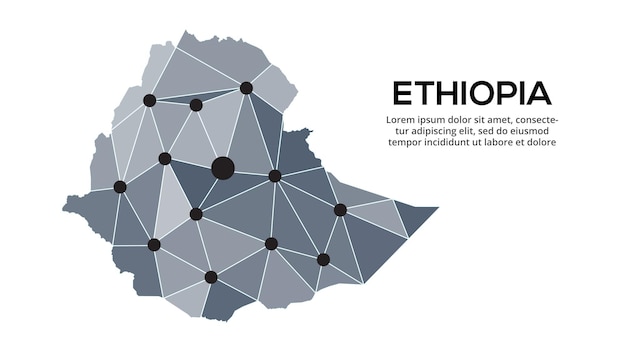 Ethiopia communication network map Vector image of a low poly global map with city lights Map in the form of triangles and dots