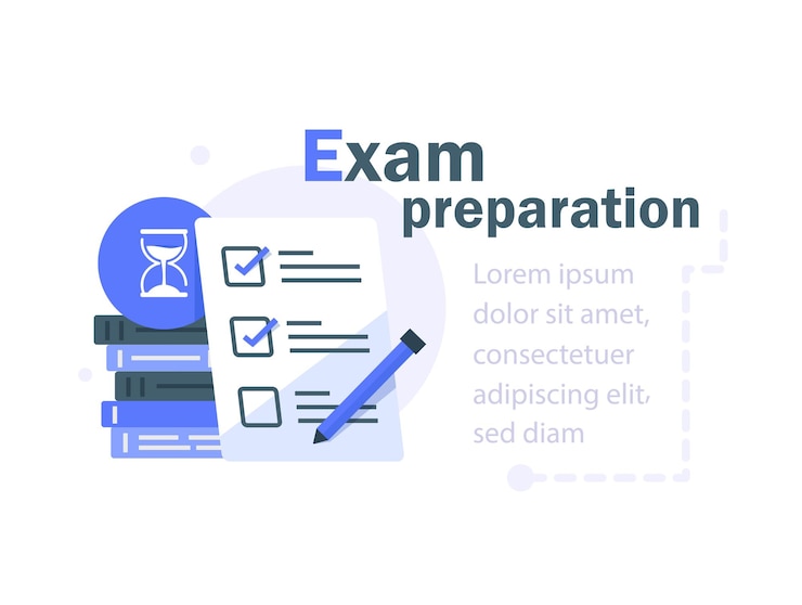 Vector exam preparation,checklist and hourglass, choosing answer, questionnaire form,school test