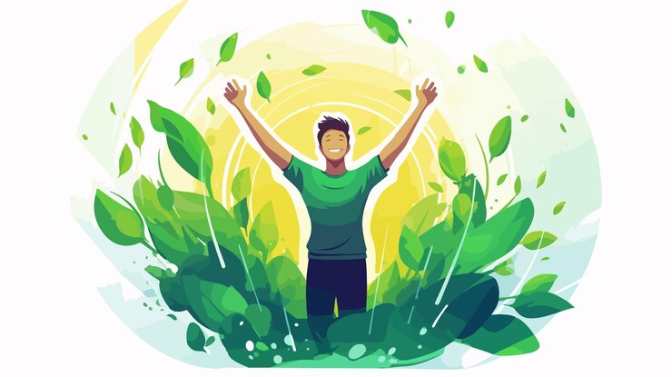 Vector excited abstract person with raised arms illustration
