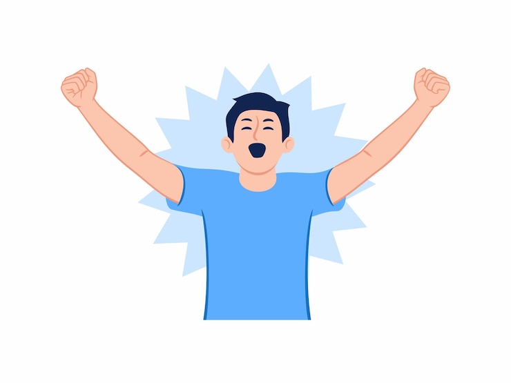 Vector excited cheerful man raising fist hands expressing celebrating success victory winner happy euphoria