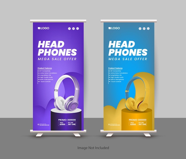 Exclusive Headphone sale rollup display standee banner design template with two color variations