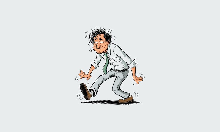 Vector exhausted man stumbling with messy hair and tired expression