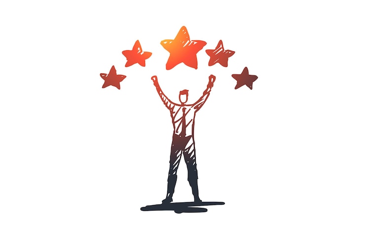 Vector experience, satisfaction, positive, rating concept. hand drawn man and rating stars concept sketch.